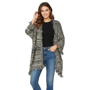 AVALIN Boho Chic Fringe Open Knit Cardigan Sweater Jacket | Black Cream Aztec Ta